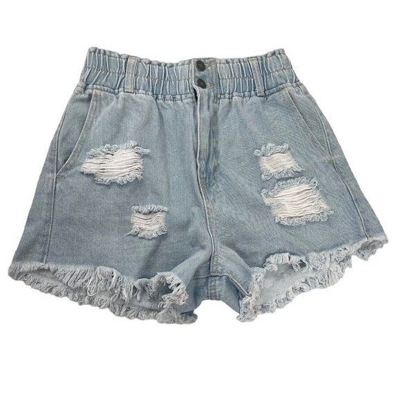 Rue21 PaperBag High Rise Denim Jean‎ Shorts Women’s Size 12 Distressed Raw Hem - Picture 1 of 7